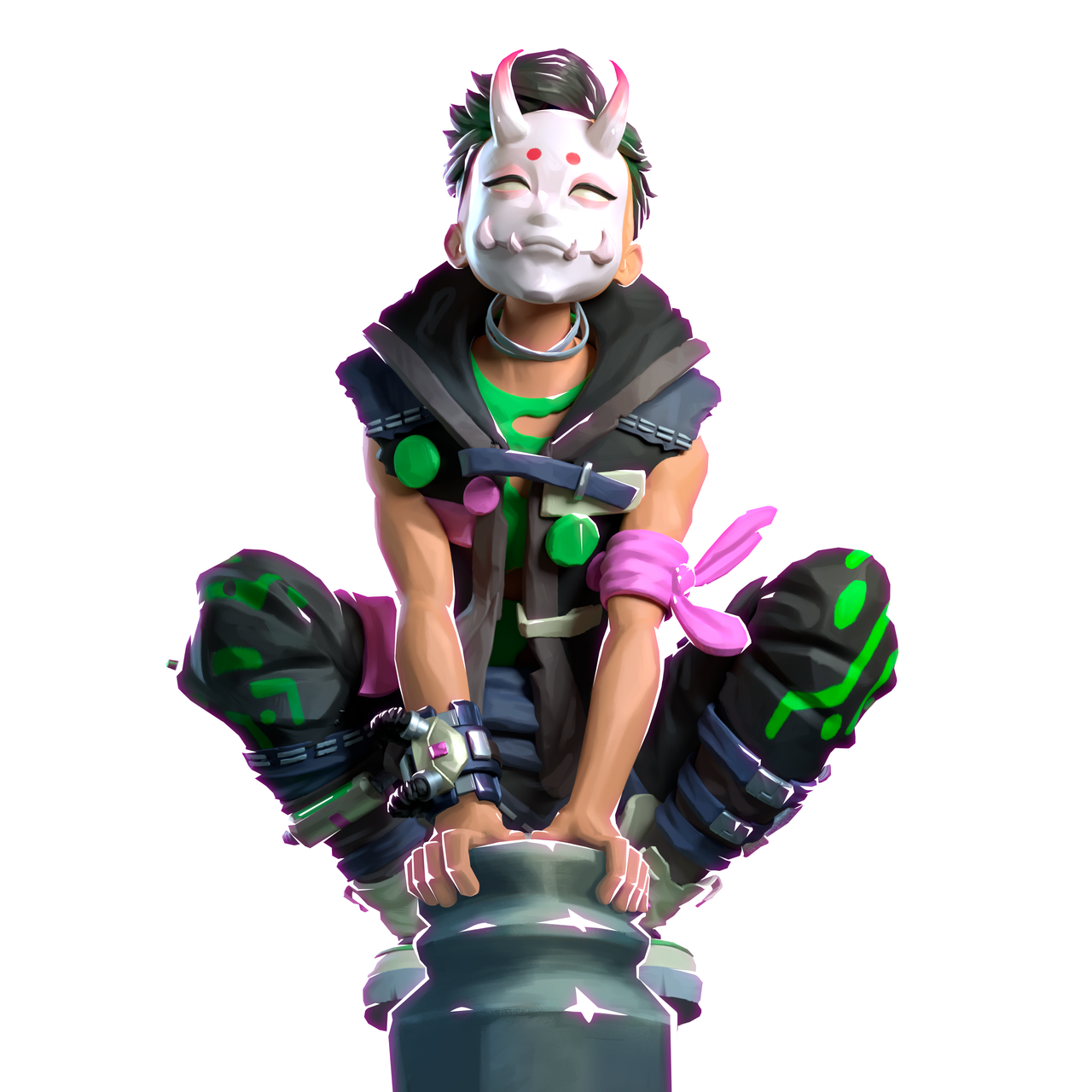 A character perched on a pole, wearing a white fox mask and green accents