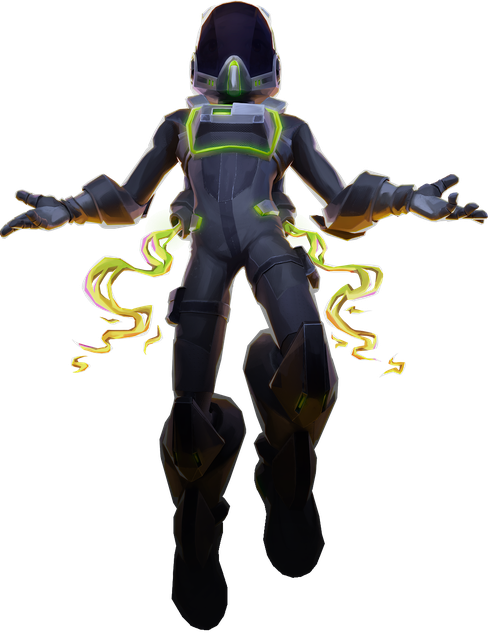 Astronauta, a figure in a dark space suit with neon-green accents floating with arms open