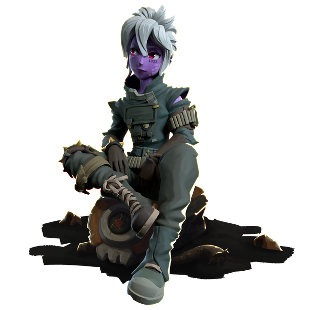 Personagem de pele roxa e cabelo branco sentada sobre uma peça mecânica, com traje utilitário verde-escuro