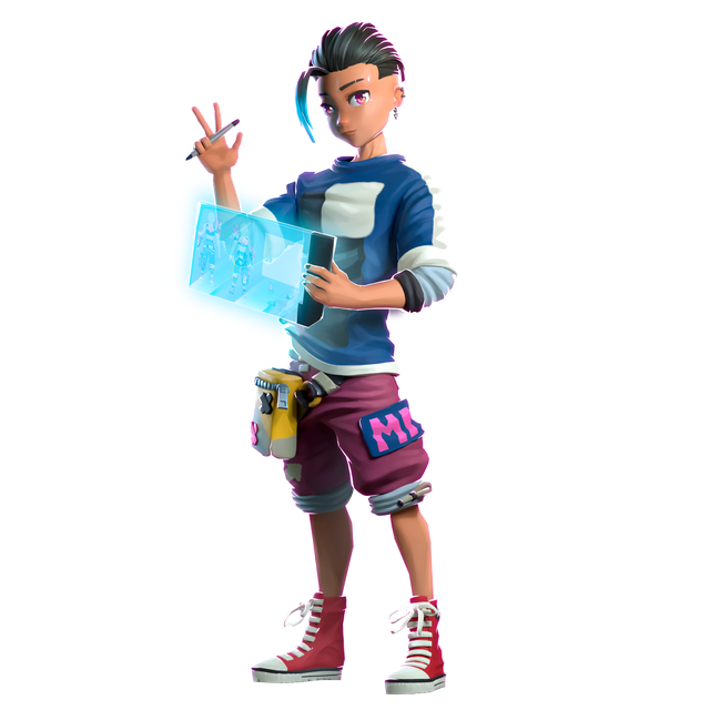 Personagem com topete escuro e mecha azul, camisa azul e branca, bermuda rosa e tablet holográfico, fazendo sinal de paz com a caneta