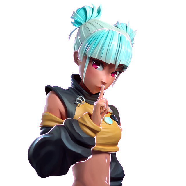 A character with mint hair in twin buns, magenta eyes, and a yellow crop top, holding a finger to her lips