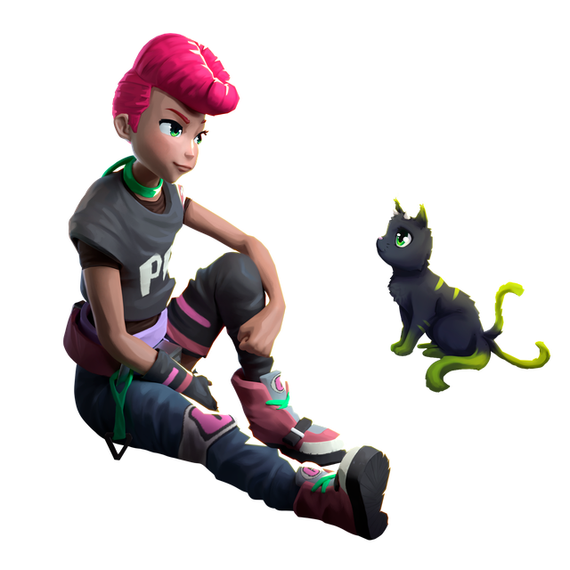 A character with pink hair sitting beside a small dark cat with neon-green accents