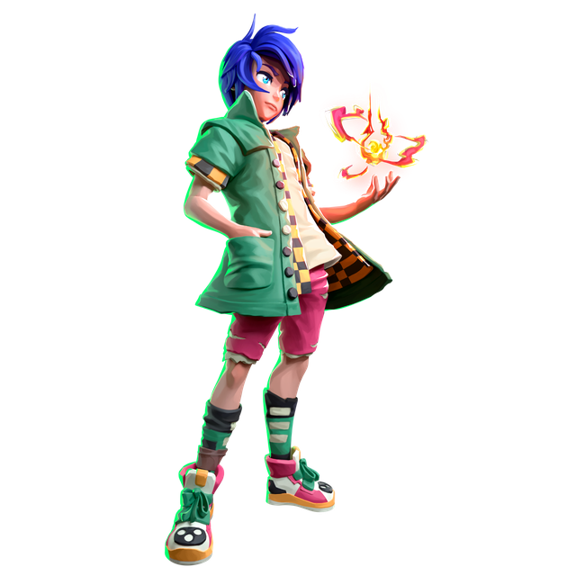 Personagem de cabelo azul com casaco verde e bermuda rosa, segurando uma pequena criatura de fogo brilhante na mão