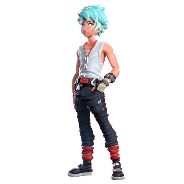 Personagem de cabelo menta em regata branca e calça cargo escura, com a mão no bolso