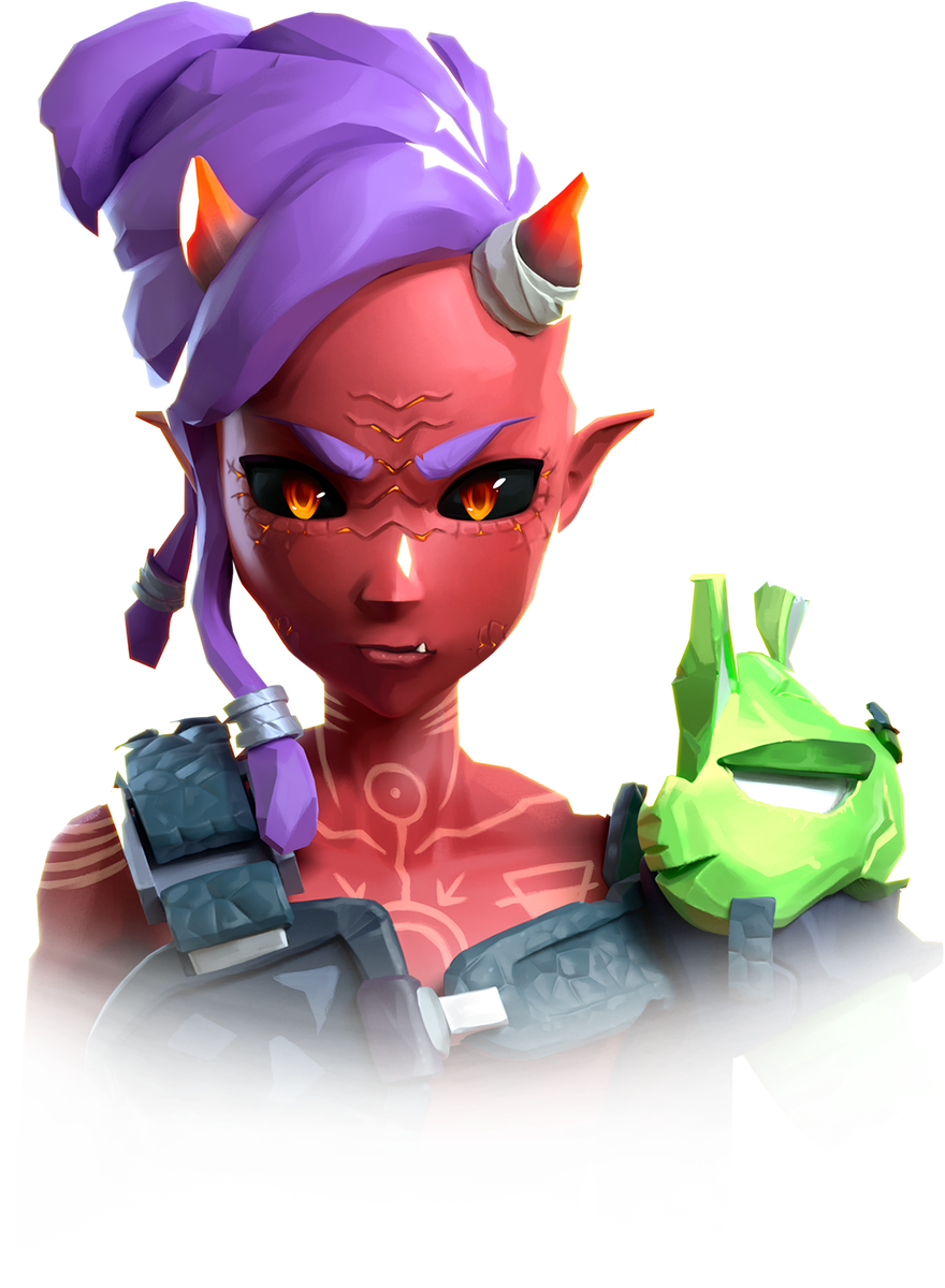 Igigi, a red-skinned character with purple hair, pointed ears, and glowing orange horns