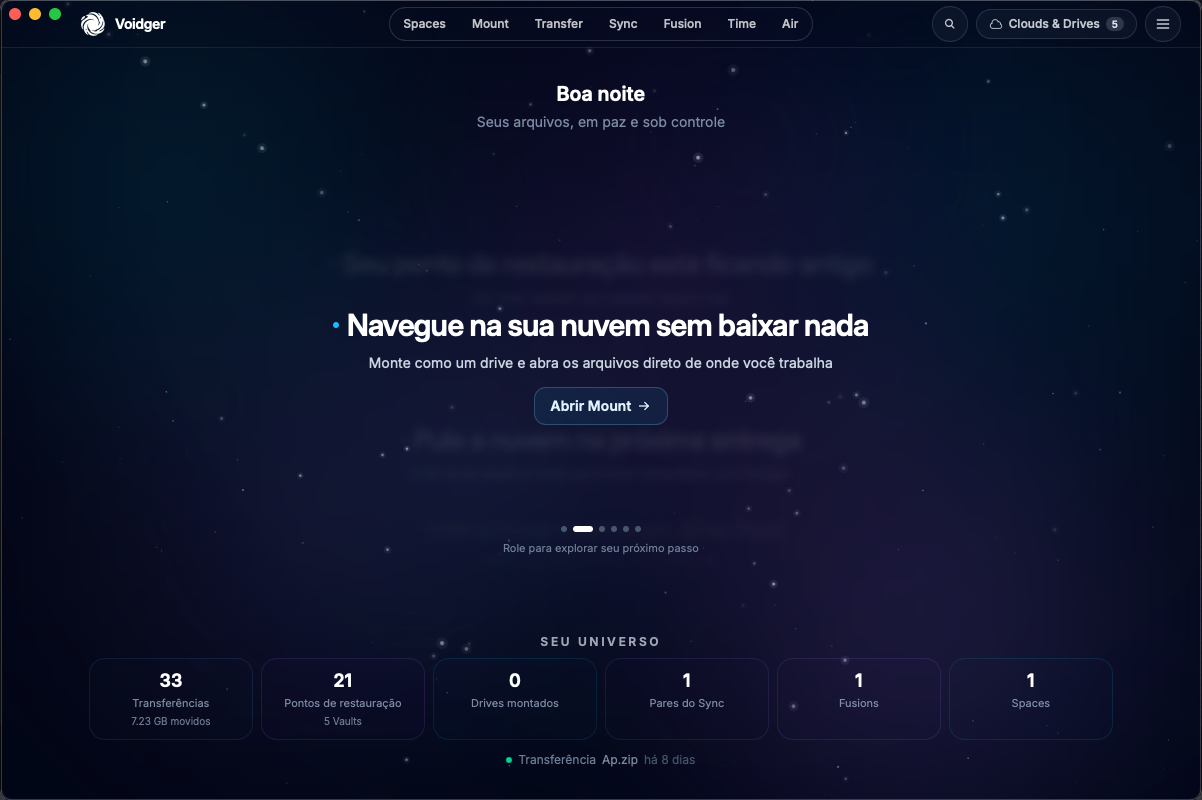 Janela do app Voidger mostrando o workspace inicial em português.